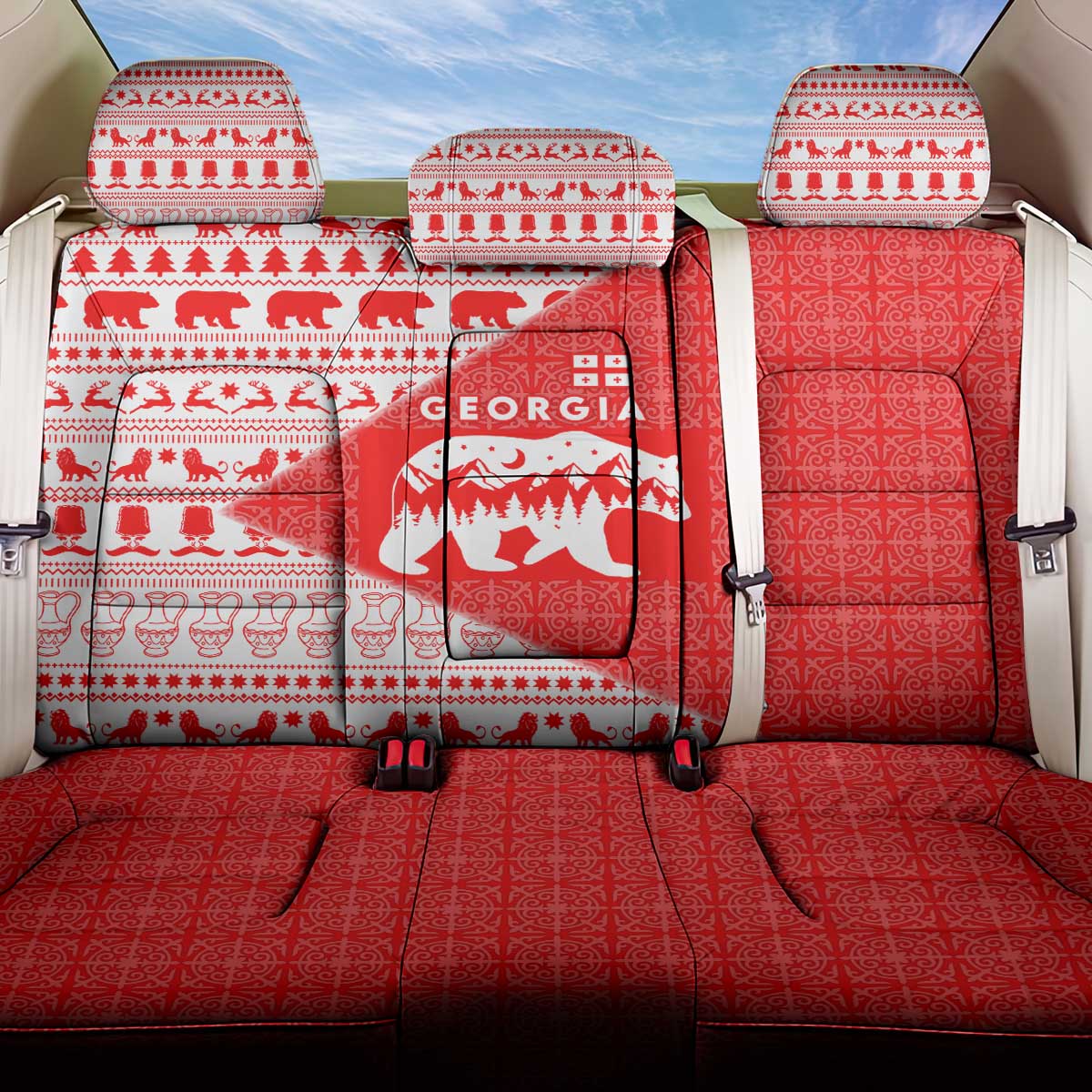 Georgia Christmas Back Car Seat Cover with Bear Mountains Forest Pattern and Traditional Georgian Design - Wonder Print Shop