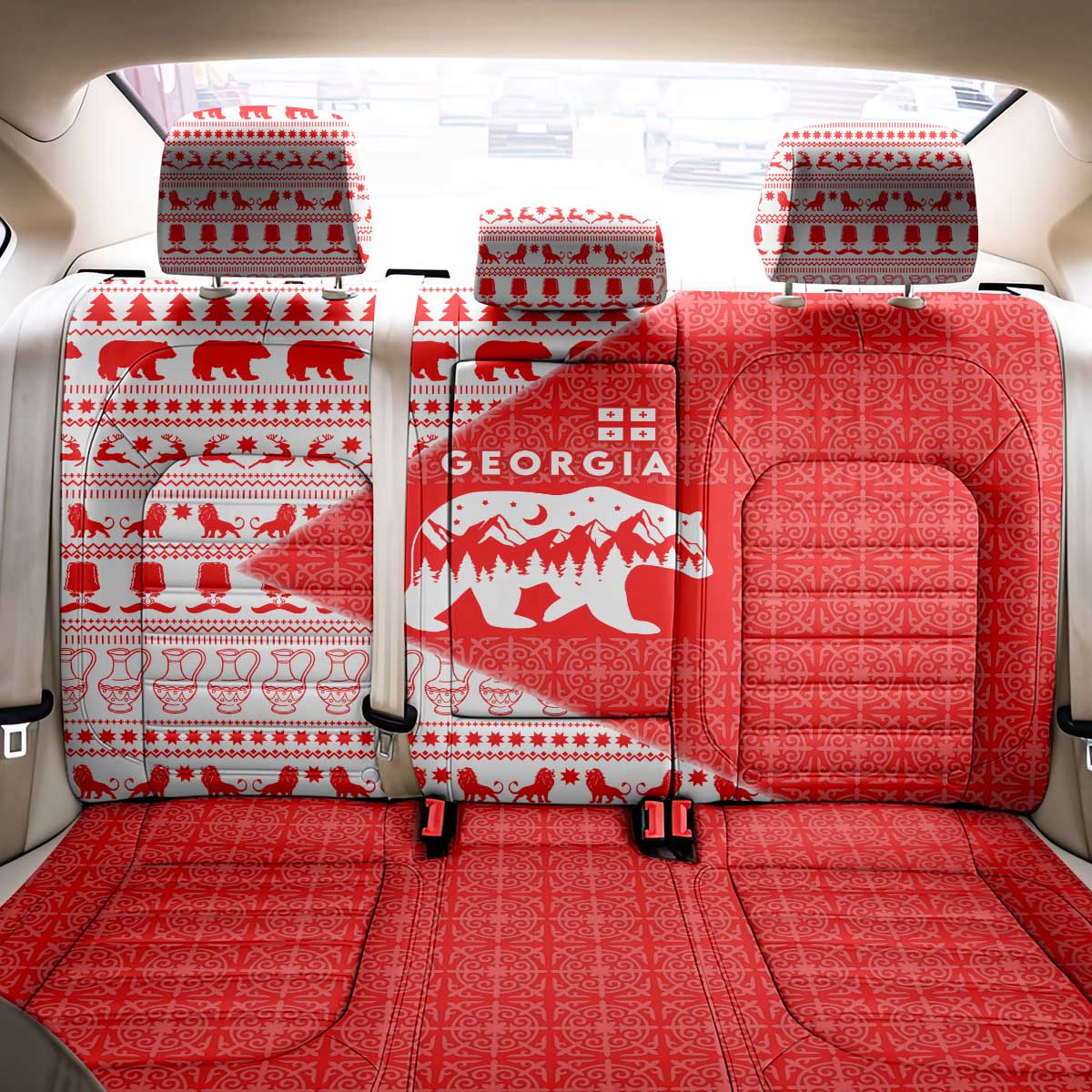 Georgia Christmas Back Car Seat Cover with Bear Mountains Forest Pattern and Traditional Georgian Design - Wonder Print Shop
