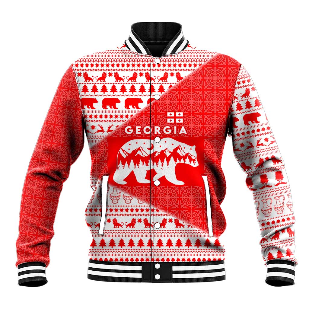 Georgia Christmas Baseball Jacket with Bear Mountains Forest Pattern and Traditional Georgian Design - Wonder Print Shop