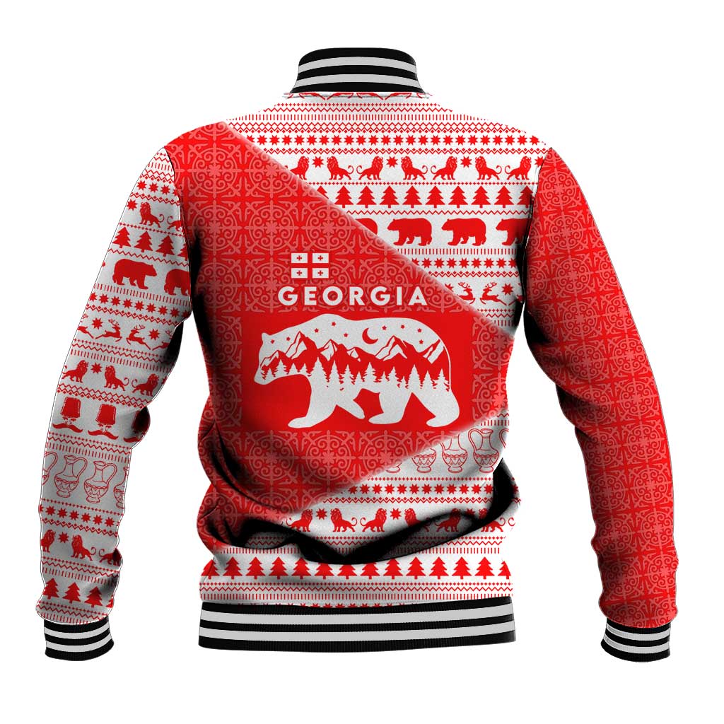 Georgia Christmas Baseball Jacket with Bear Mountains Forest Pattern and Traditional Georgian Design - Wonder Print Shop