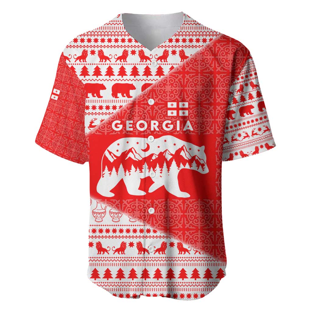 Georgia Christmas Baseball Jersey with Bear Mountains Forest Pattern and Traditional Georgian Design - Wonder Print Shop