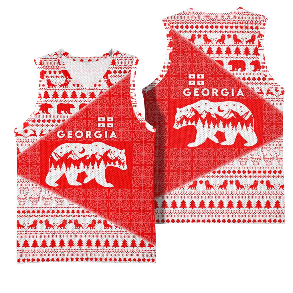 Georgia Christmas Basketball Jersey with Bear Mountains Forest Pattern and Traditional Georgian Design - Wonder Print Shop