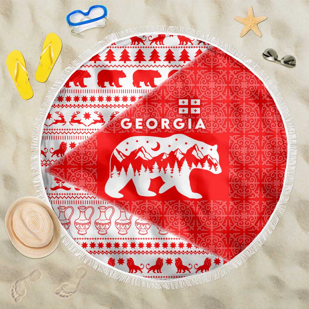 Georgia Christmas Beach Blanket with Bear Mountains Forest Pattern and Traditional Georgian Design - Wonder Print Shop