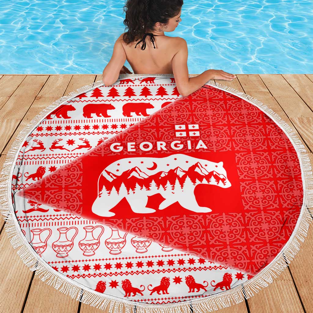 Georgia Christmas Beach Blanket with Bear Mountains Forest Pattern and Traditional Georgian Design - Wonder Print Shop