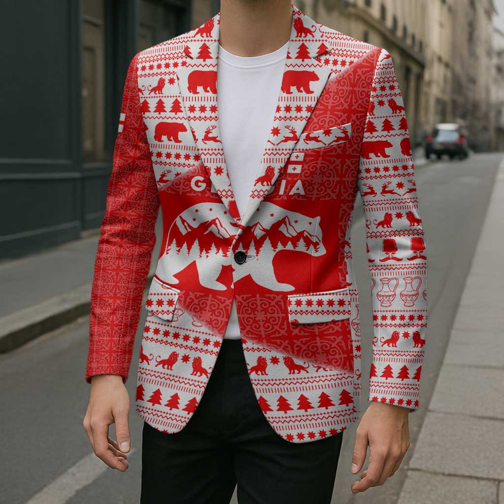 Georgia Christmas Blazer with Bear Mountains Forest Pattern and Traditional Georgian Design - Wonder Print Shop