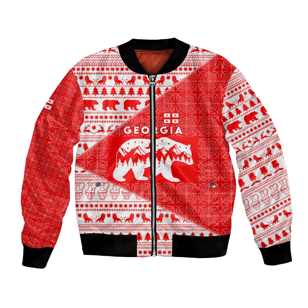 Georgia Christmas Bomber Jacket with Bear Mountains Forest Pattern and Traditional Georgian Design - Wonder Print Shop