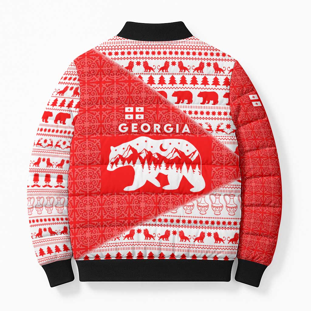 Georgia Christmas Bomber Puffer Jacket with Bear Mountains Forest Pattern and Traditional Georgian Design - Wonder Print Shop