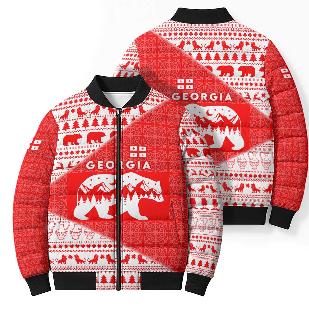 Georgia Christmas Bomber Puffer Jacket with Bear Mountains Forest Pattern and Traditional Georgian Design - Wonder Print Shop