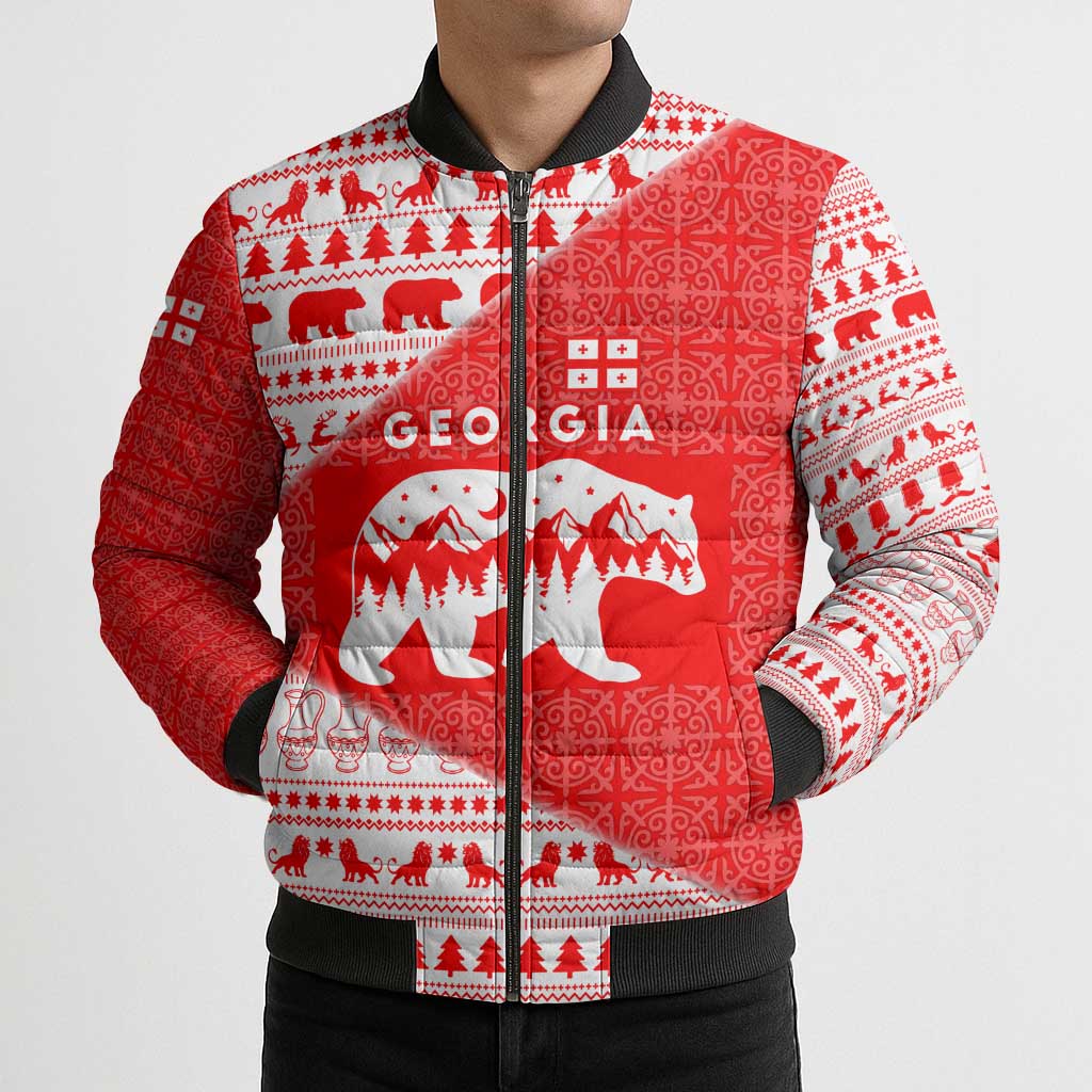 Georgia Christmas Bomber Puffer Jacket with Bear Mountains Forest Pattern and Traditional Georgian Design - Wonder Print Shop