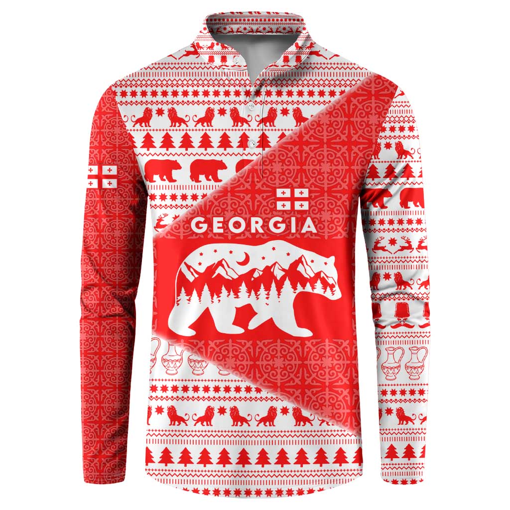 Georgia Christmas Button Sweatshirt with Bear Mountains Forest Pattern and Traditional Georgian Design - Wonder Print Shop