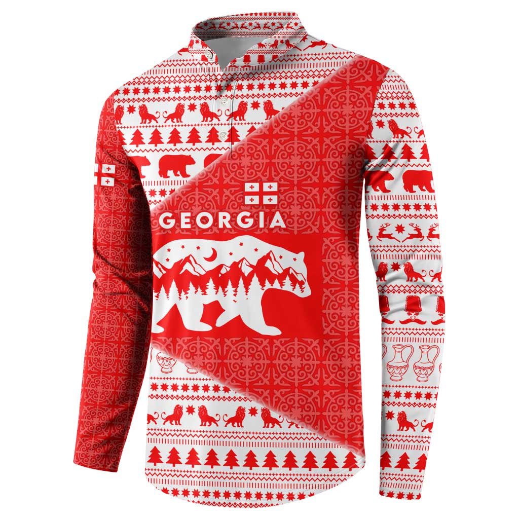 Georgia Christmas Button Sweatshirt with Bear Mountains Forest Pattern and Traditional Georgian Design - Wonder Print Shop