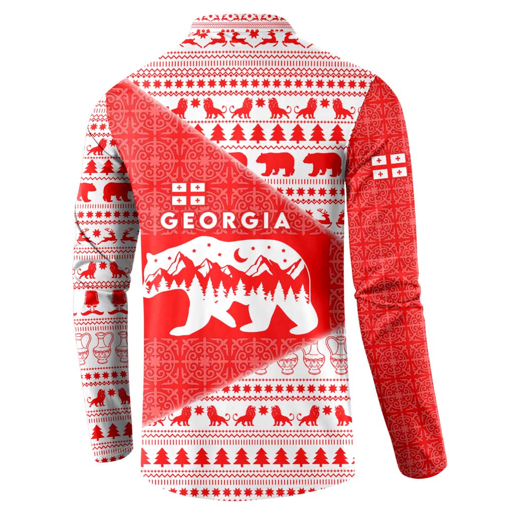 Georgia Christmas Button Sweatshirt with Bear Mountains Forest Pattern and Traditional Georgian Design - Wonder Print Shop