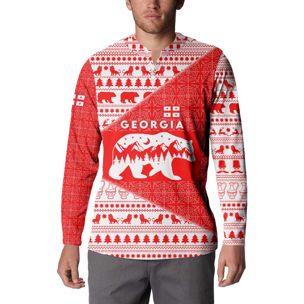 Georgia Christmas Button Sweatshirt with Bear Mountains Forest Pattern and Traditional Georgian Design - Wonder Print Shop