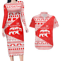 Georgia Christmas Couples Matching Long Sleeve Bodycon Dress and Hawaiian Shirt with Bear Mountains Forest Pattern and Traditional Georgian Design - Wonder Print Shop