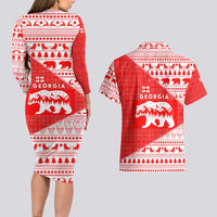 Georgia Christmas Couples Matching Long Sleeve Bodycon Dress and Hawaiian Shirt with Bear Mountains Forest Pattern and Traditional Georgian Design - Wonder Print Shop