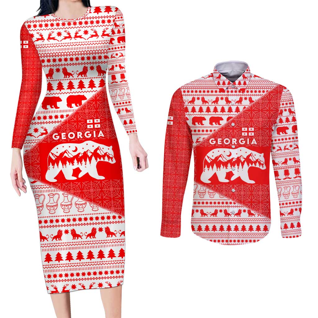 Georgia Christmas Couples Matching Long Sleeve Bodycon Dress and Long Sleeve Button Shirt with Bear Mountains Forest Pattern and Traditional Georgian Design - Wonder Print Shop