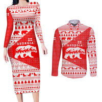 Georgia Christmas Couples Matching Long Sleeve Bodycon Dress and Long Sleeve Button Shirt with Bear Mountains Forest Pattern and Traditional Georgian Design - Wonder Print Shop
