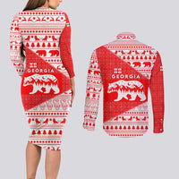 Georgia Christmas Couples Matching Long Sleeve Bodycon Dress and Long Sleeve Button Shirt with Bear Mountains Forest Pattern and Traditional Georgian Design - Wonder Print Shop