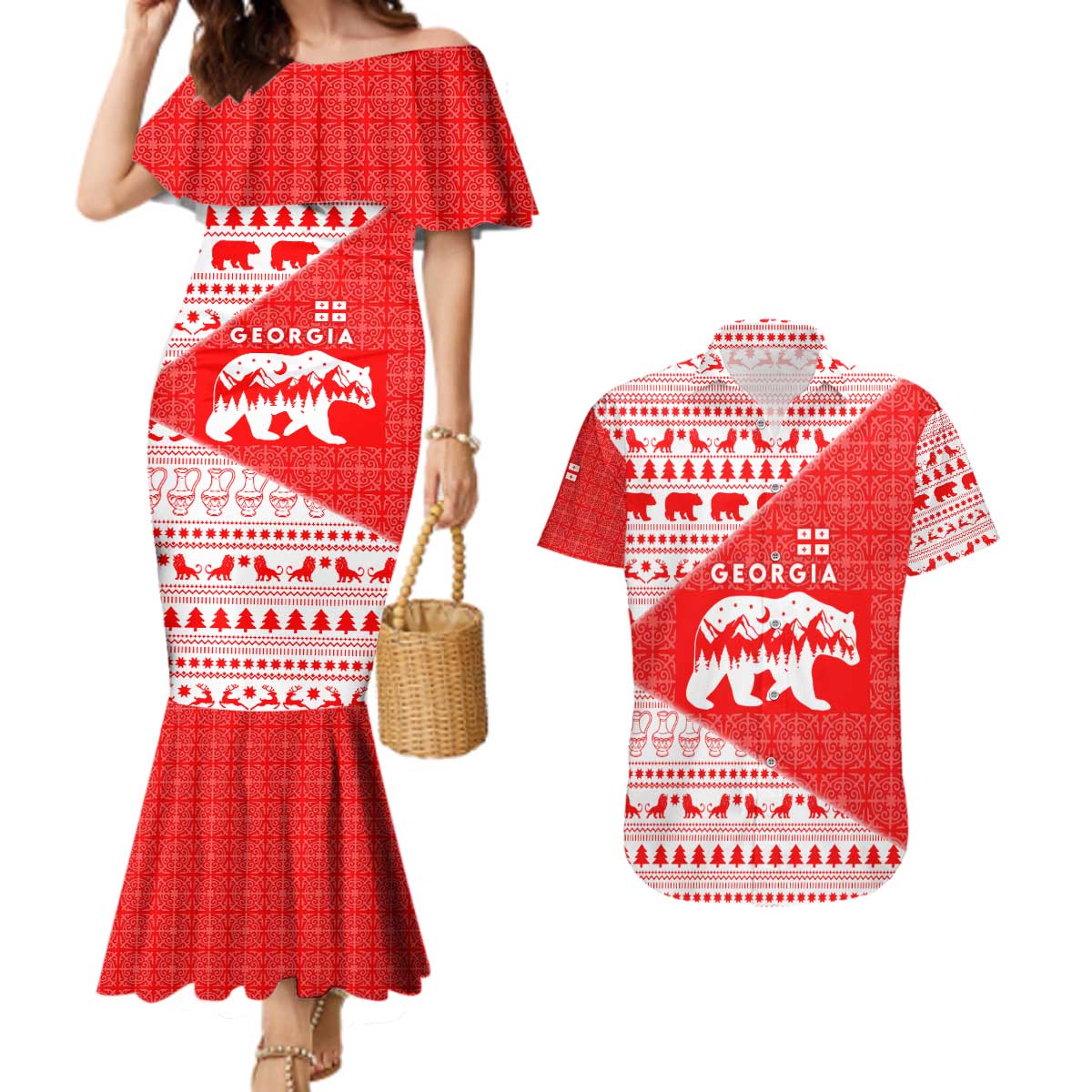 Georgia Christmas Couples Matching Mermaid Dress and Hawaiian Shirt with Bear Mountains Forest Pattern and Traditional Georgian Design - Wonder Print Shop