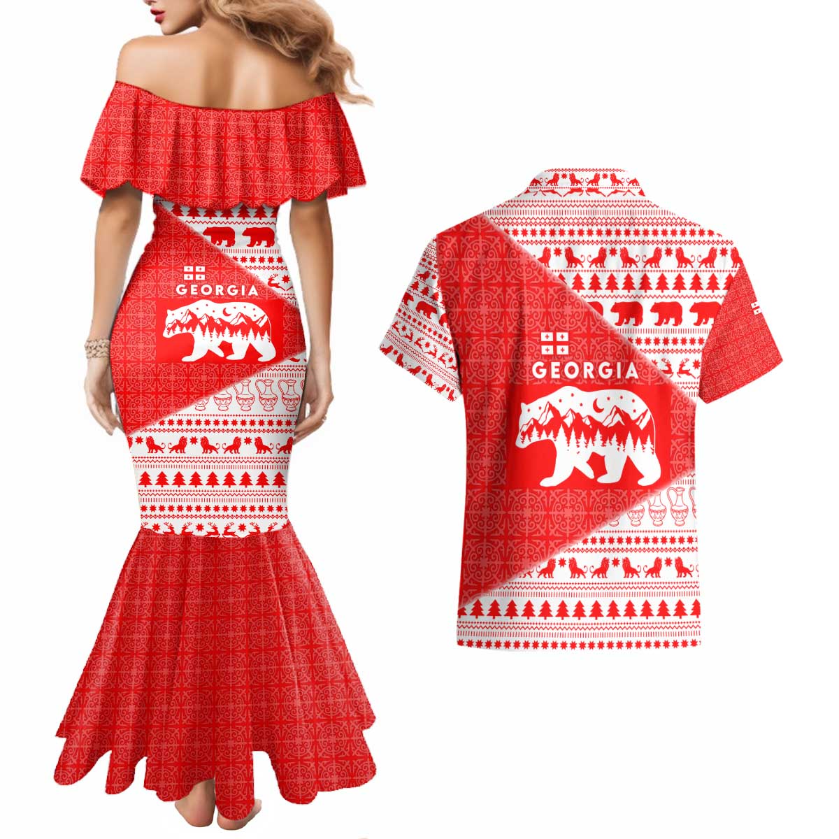 Georgia Christmas Couples Matching Mermaid Dress and Hawaiian Shirt with Bear Mountains Forest Pattern and Traditional Georgian Design - Wonder Print Shop