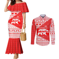 Georgia Christmas Couples Matching Mermaid Dress and Long Sleeve Button Shirt with Bear Mountains Forest Pattern and Traditional Georgian Design - Wonder Print Shop