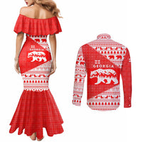 Georgia Christmas Couples Matching Mermaid Dress and Long Sleeve Button Shirt with Bear Mountains Forest Pattern and Traditional Georgian Design - Wonder Print Shop