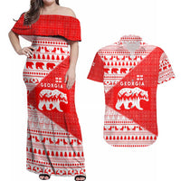 Georgia Christmas Couples Matching Off Shoulder Maxi Dress and Hawaiian Shirt with Bear Mountains Forest Pattern and Traditional Georgian Design - Wonder Print Shop