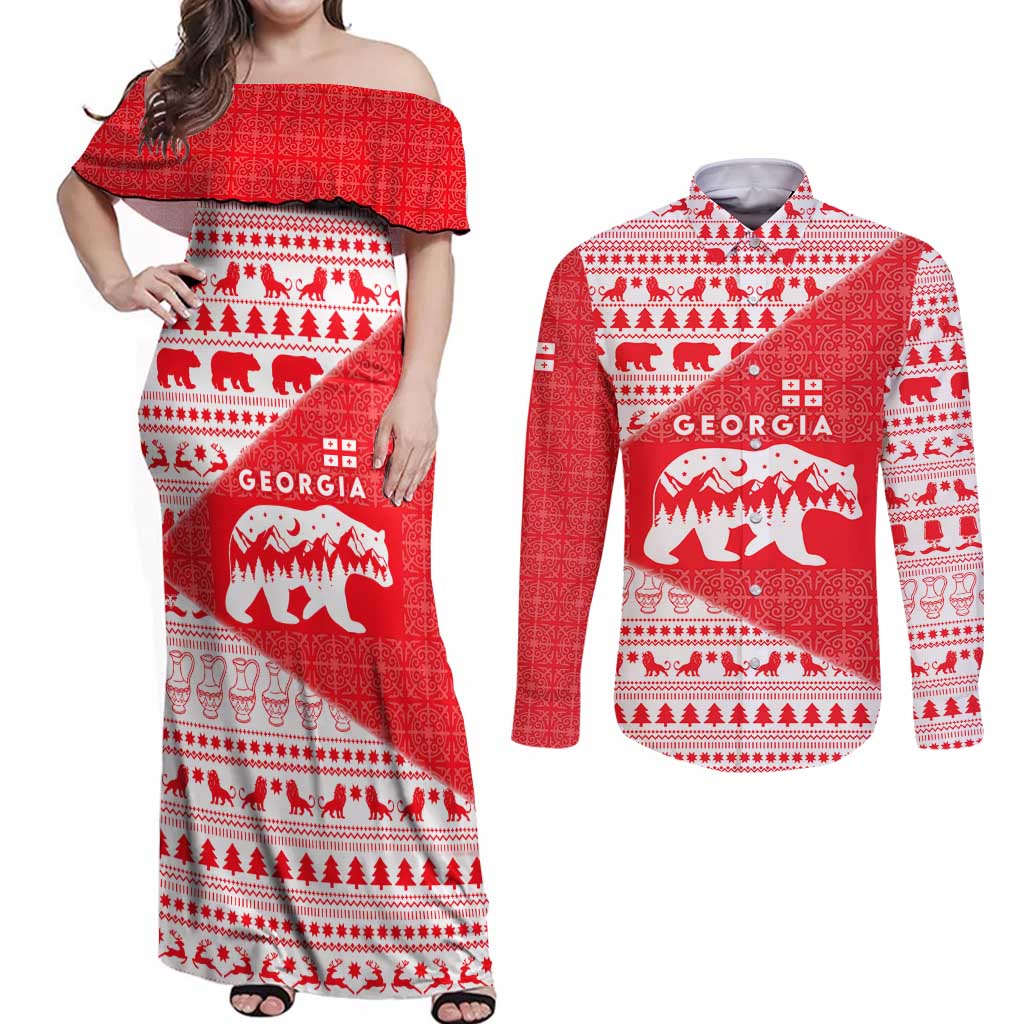 Georgia Christmas Couples Matching Off Shoulder Maxi Dress and Long Sleeve Button Shirt with Bear Mountains Forest Pattern and Traditional Georgian Design - Wonder Print Shop