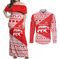 Georgia Christmas Couples Matching Off Shoulder Maxi Dress and Long Sleeve Button Shirt with Bear Mountains Forest Pattern and Traditional Georgian Design - Wonder Print Shop