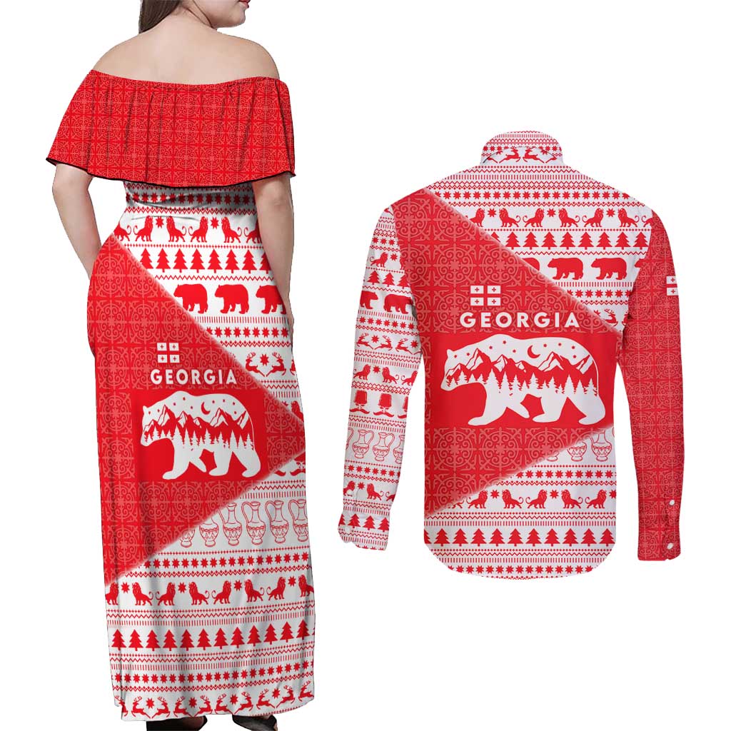 Georgia Christmas Couples Matching Off Shoulder Maxi Dress and Long Sleeve Button Shirt with Bear Mountains Forest Pattern and Traditional Georgian Design - Wonder Print Shop