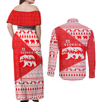 Georgia Christmas Couples Matching Off Shoulder Maxi Dress and Long Sleeve Button Shirt with Bear Mountains Forest Pattern and Traditional Georgian Design - Wonder Print Shop