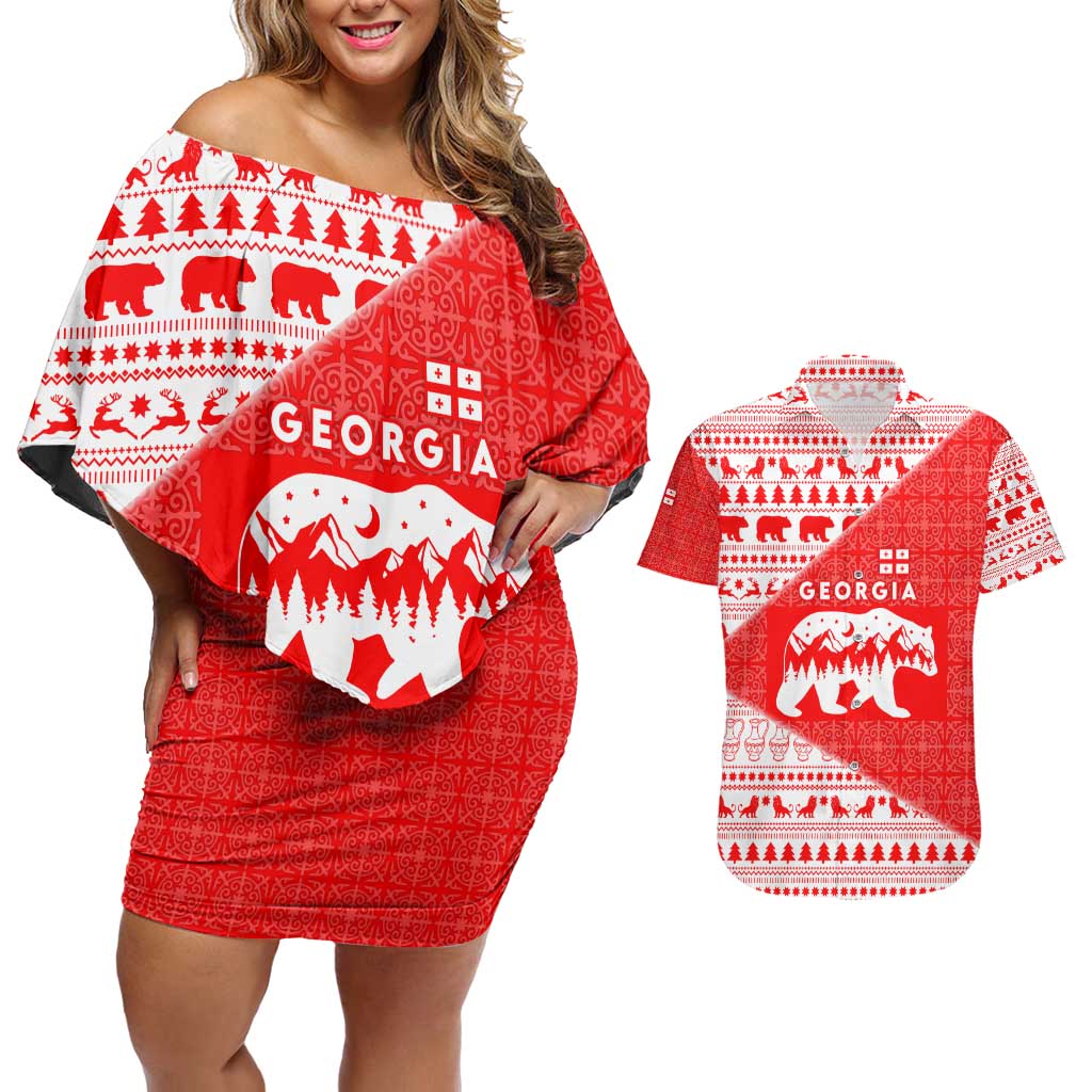 Georgia Christmas Couples Matching Off Shoulder Short Dress and Hawaiian Shirt with Bear Mountains Forest Pattern and Traditional Georgian Design - Wonder Print Shop