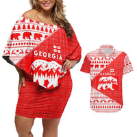 Georgia Christmas Couples Matching Off Shoulder Short Dress and Hawaiian Shirt with Bear Mountains Forest Pattern and Traditional Georgian Design - Wonder Print Shop