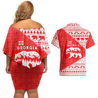 Georgia Christmas Couples Matching Off Shoulder Short Dress and Hawaiian Shirt with Bear Mountains Forest Pattern and Traditional Georgian Design - Wonder Print Shop