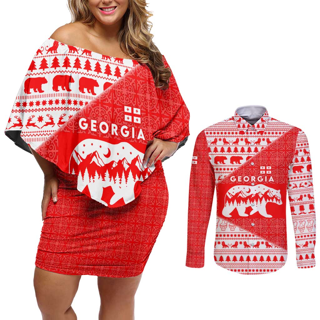 Georgia Christmas Couples Matching Off Shoulder Short Dress and Long Sleeve Button Shirt with Bear Mountains Forest Pattern and Traditional Georgian Design - Wonder Print Shop