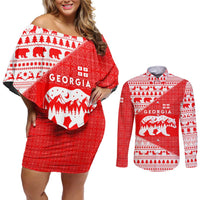 Georgia Christmas Couples Matching Off Shoulder Short Dress and Long Sleeve Button Shirt with Bear Mountains Forest Pattern and Traditional Georgian Design - Wonder Print Shop