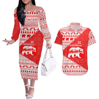 Georgia Christmas Couples Matching Off The Shoulder Long Sleeve Dress and Hawaiian Shirt with Bear Mountains Forest Pattern and Traditional Georgian Design - Wonder Print Shop