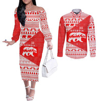 Georgia Christmas Couples Matching Off The Shoulder Long Sleeve Dress and Long Sleeve Button Shirt with Bear Mountains Forest Pattern and Traditional Georgian Design - Wonder Print Shop