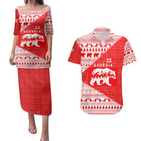 Georgia Christmas Couples Matching Puletasi and Hawaiian Shirt with Bear Mountains Forest Pattern and Traditional Georgian Design - Wonder Print Shop