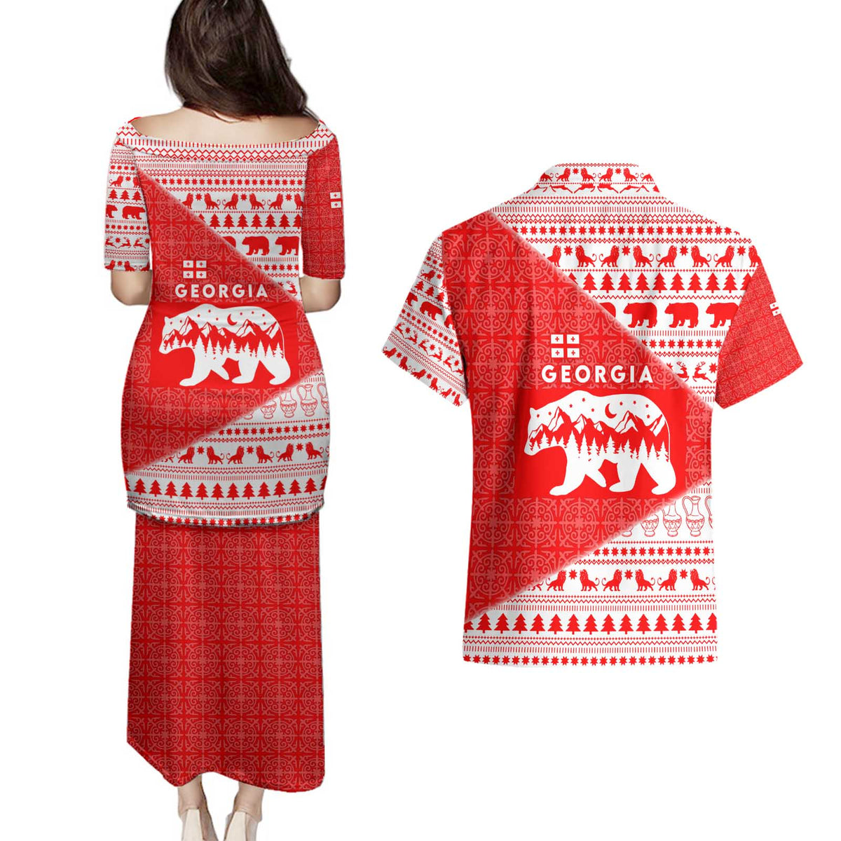 Georgia Christmas Couples Matching Puletasi and Hawaiian Shirt with Bear Mountains Forest Pattern and Traditional Georgian Design - Wonder Print Shop