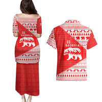 Georgia Christmas Couples Matching Puletasi and Hawaiian Shirt with Bear Mountains Forest Pattern and Traditional Georgian Design - Wonder Print Shop