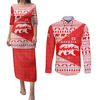 Georgia Christmas Couples Matching Puletasi and Long Sleeve Button Shirt with Bear Mountains Forest Pattern and Traditional Georgian Design - Wonder Print Shop