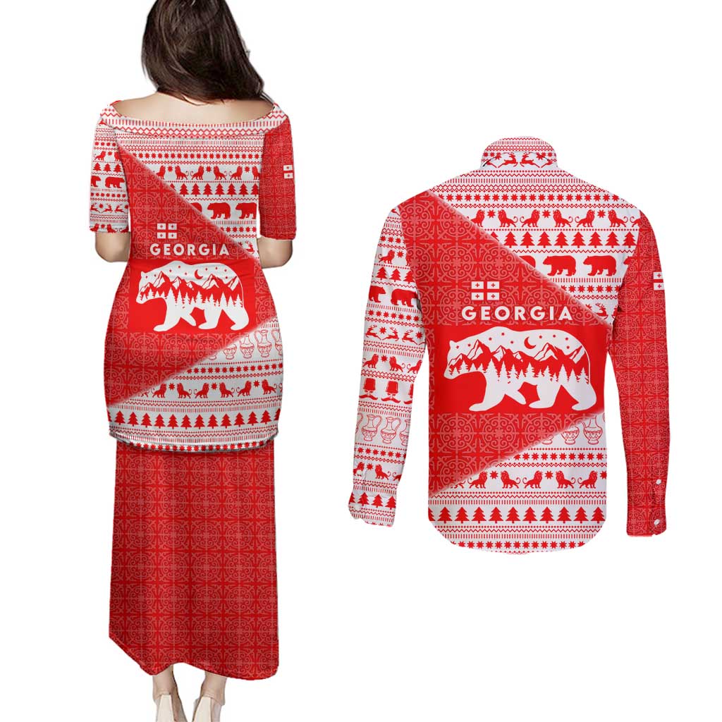 Georgia Christmas Couples Matching Puletasi and Long Sleeve Button Shirt with Bear Mountains Forest Pattern and Traditional Georgian Design - Wonder Print Shop