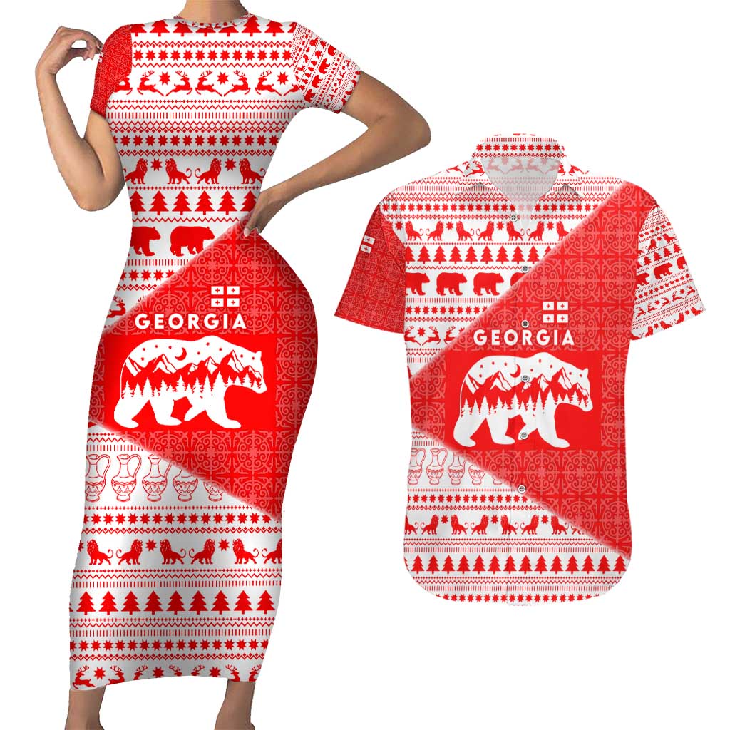 Georgia Christmas Couples Matching Short Sleeve Bodycon Dress and Hawaiian Shirt with Bear Mountains Forest Pattern and Traditional Georgian Design - Wonder Print Shop