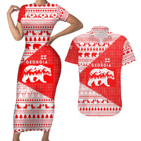 Georgia Christmas Couples Matching Short Sleeve Bodycon Dress and Hawaiian Shirt with Bear Mountains Forest Pattern and Traditional Georgian Design - Wonder Print Shop