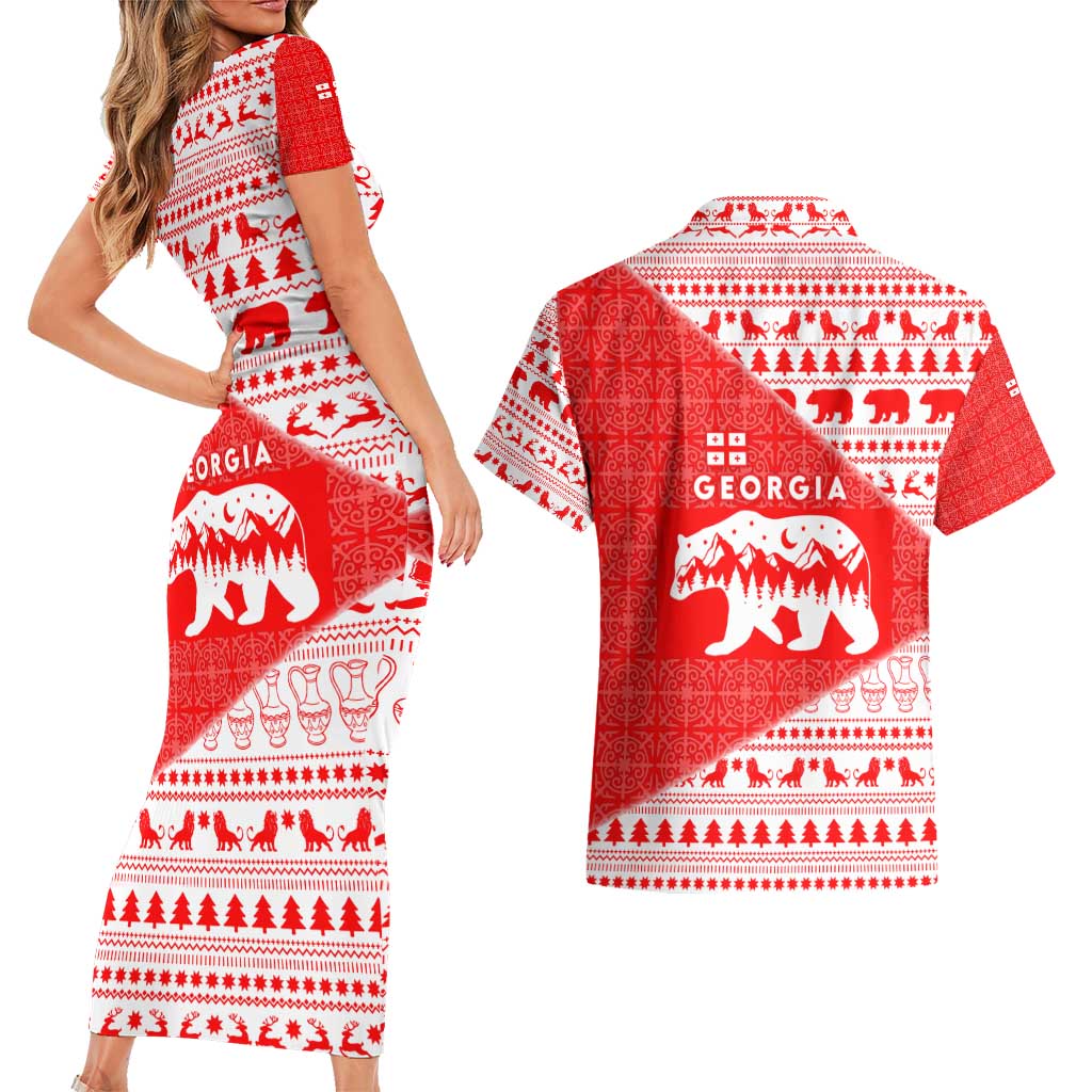 Georgia Christmas Couples Matching Short Sleeve Bodycon Dress and Hawaiian Shirt with Bear Mountains Forest Pattern and Traditional Georgian Design - Wonder Print Shop