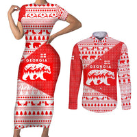 Georgia Christmas Couples Matching Short Sleeve Bodycon Dress and Long Sleeve Button Shirt with Bear Mountains Forest Pattern and Traditional Georgian Design - Wonder Print Shop