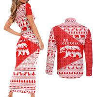 Georgia Christmas Couples Matching Short Sleeve Bodycon Dress and Long Sleeve Button Shirt with Bear Mountains Forest Pattern and Traditional Georgian Design - Wonder Print Shop
