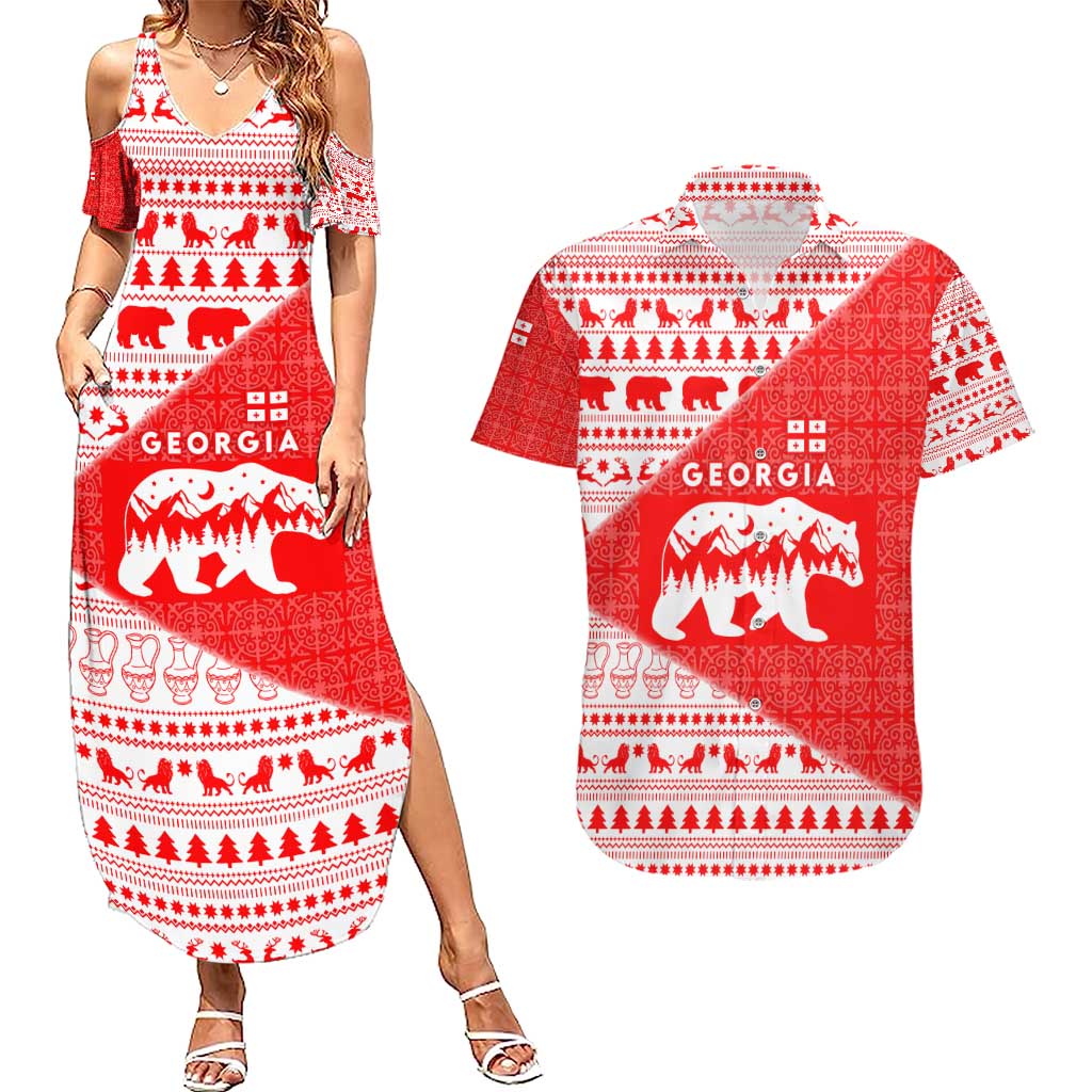 Georgia Christmas Couples Matching Summer Maxi Dress and Hawaiian Shirt with Bear Mountains Forest Pattern and Traditional Georgian Design - Wonder Print Shop
