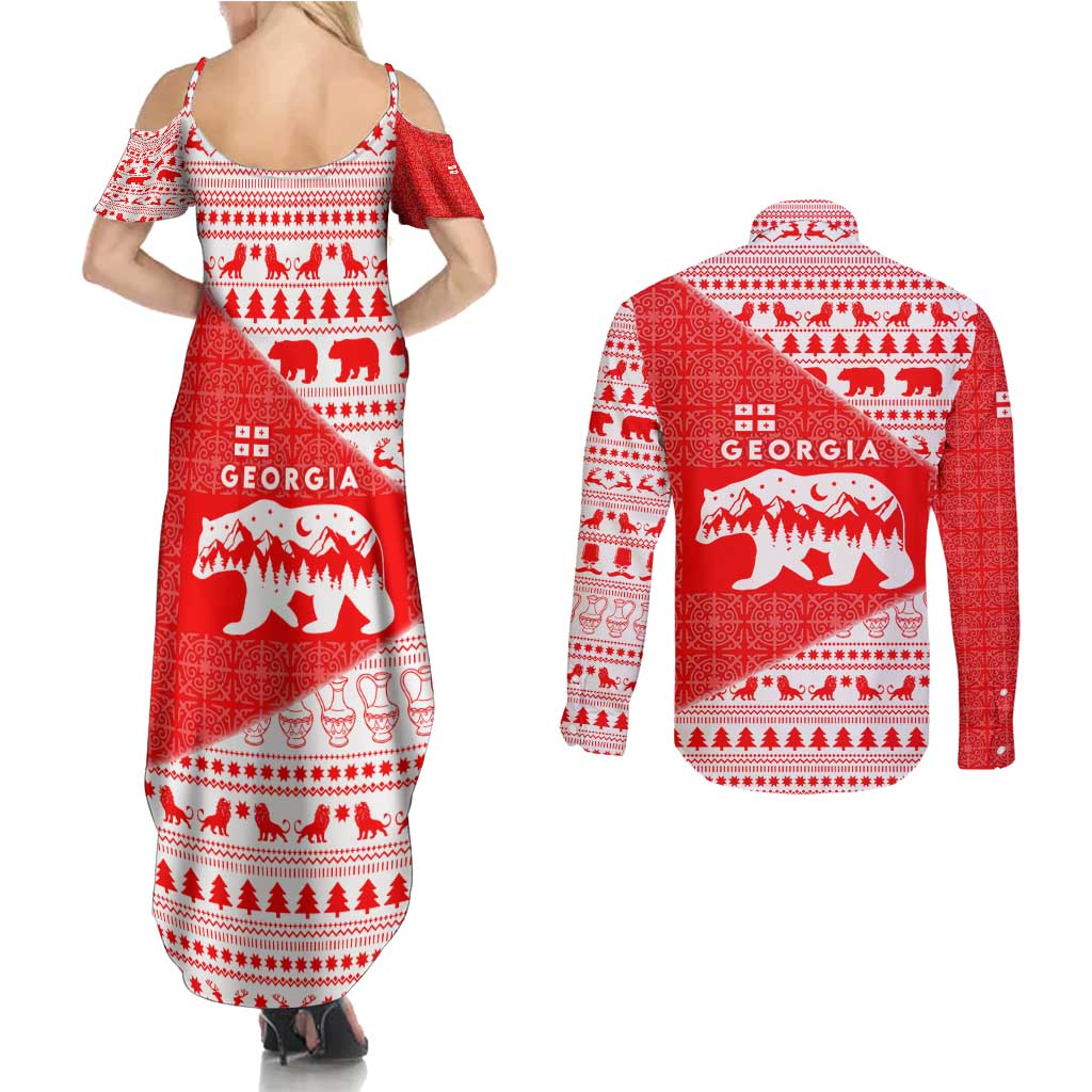 Georgia Christmas Couples Matching Summer Maxi Dress and Long Sleeve Button Shirt with Bear Mountains Forest Pattern and Traditional Georgian Design - Wonder Print Shop